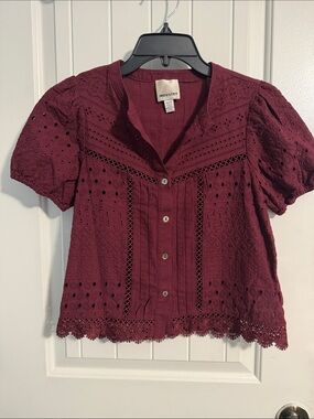 Eyelet Button-Down Top in Wine by Industry